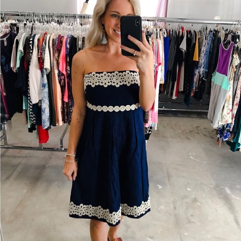 Lilly Pulitzer Betsey Navy and Gold Jacquard Strapless Dress Size 2 - Picture 8 of 16